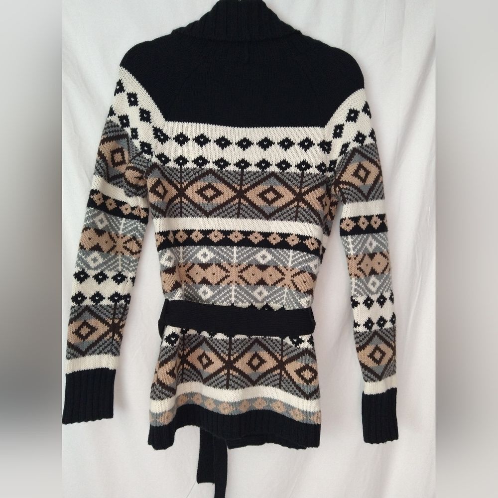 Old Navy Knit Cardigan Tan Black Aztec Southwest Cotton Lambs Wool Blend Chunky - Picture 9 of 10